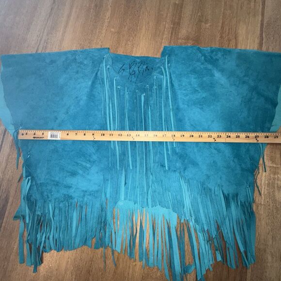 Vintage Western Teal Blue Suede Leather Fringe Shawl Cape Poncho Rodeo Hand made - Picture 11 of 16